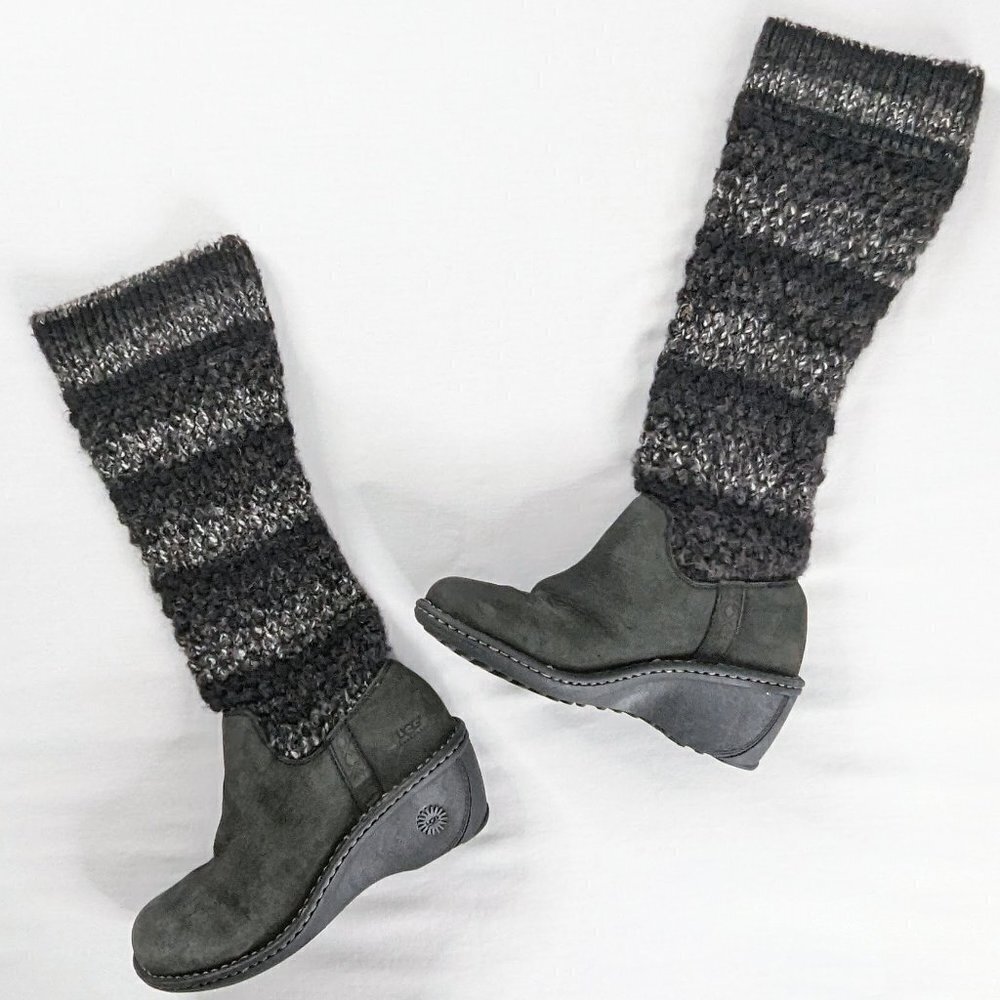 Ugg Gray Leather Black Knit Cresthaven Wedge Suede Leather Boots